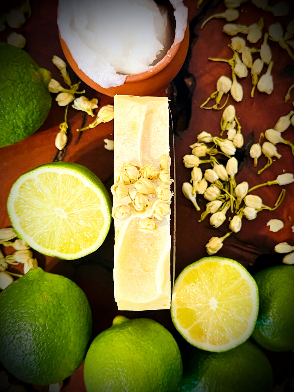 Thumbnail: Topical view of the Tropical Lime Blossom Coconut Premium Soap Bar showing hand-placed jasmine flowers and creamy texture