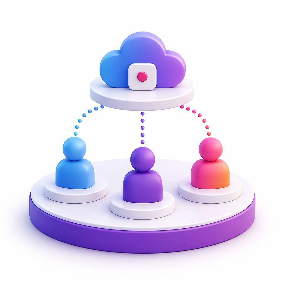 Three colorful figures connect to a cloud icon on a platform. Blue, purple, and orange hues dominate, implying digital networking.