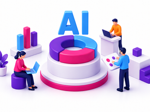 3D illustration of three people interacting with an AI analytics setup. A large “AI” label sits above a circular segmented chart in blue, purple, and pink. One person sits with a laptop, another presents data on a board with colored controls, and a third works on a laptop at a standing desk. Bar charts, geometric blocks, and a small plant appear around them, suggesting data analysis and collaboration in a modern tech setting.
