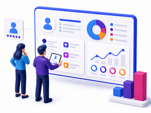 3D illustration of two people reviewing a large digital dashboard filled with charts, graphs, and user interface elements. One person holds a tablet while the other observes. The screen shows a pie chart, line graph, user profile details, and rating icons, with colorful bar charts nearby, representing data analysis, user insights, and performance tracking.