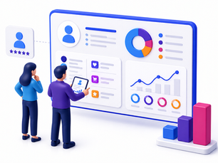 3D illustration of two people reviewing a large digital dashboard filled with charts, graphs, and user interface elements. One person holds a tablet while the other observes. The screen shows a pie chart, line graph, user profile details, and rating icons, with colorful bar charts nearby, representing data analysis, user insights, and performance tracking.