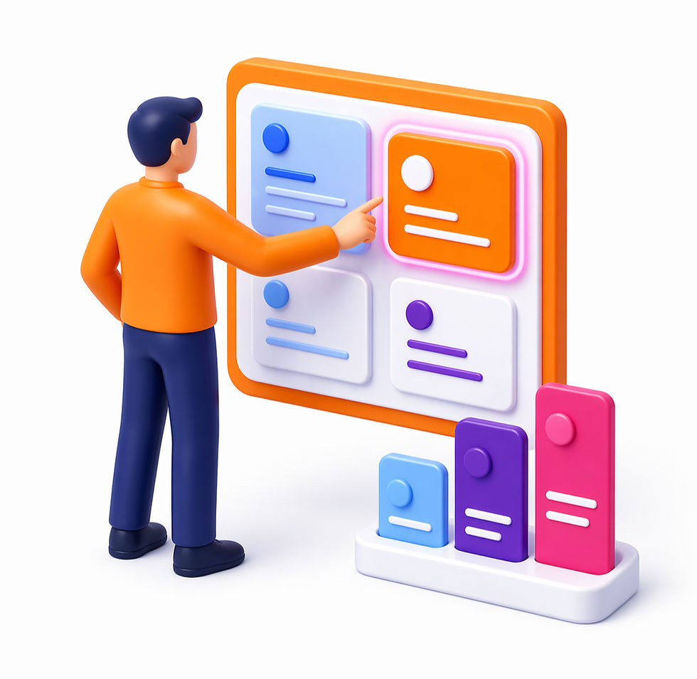 Man in an orange shirt interacts with a colorful digital interface. Icons and charts in blue, purple, and pink are displayed on a white background.