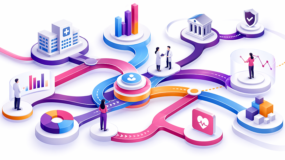 Futuristic infographic: people discussing, graphs, charts, hospital, bank, and shield icons connected by colorful paths, conveying technology integration.