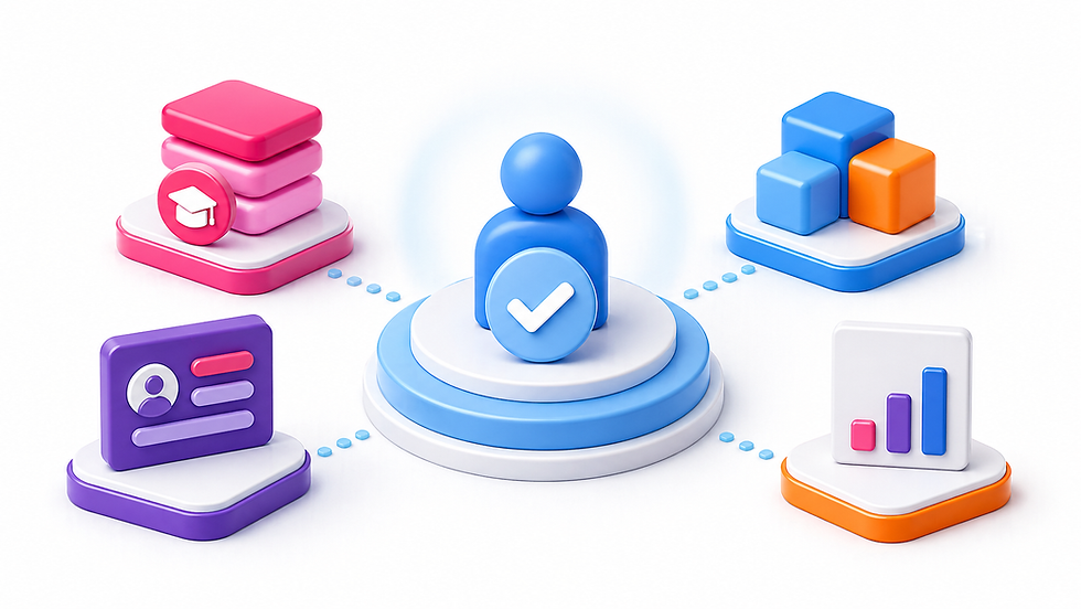 3D icon of a person with a checkmark on a blue pedestal, surrounded by colorful stacks, cubes, and graphs, symbolizing organization.