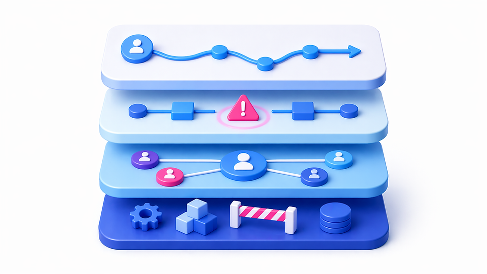 3D layers showing user icons, flow charts with arrows, an exclamation mark, and icons like gears and blocks. Blue and purple theme.