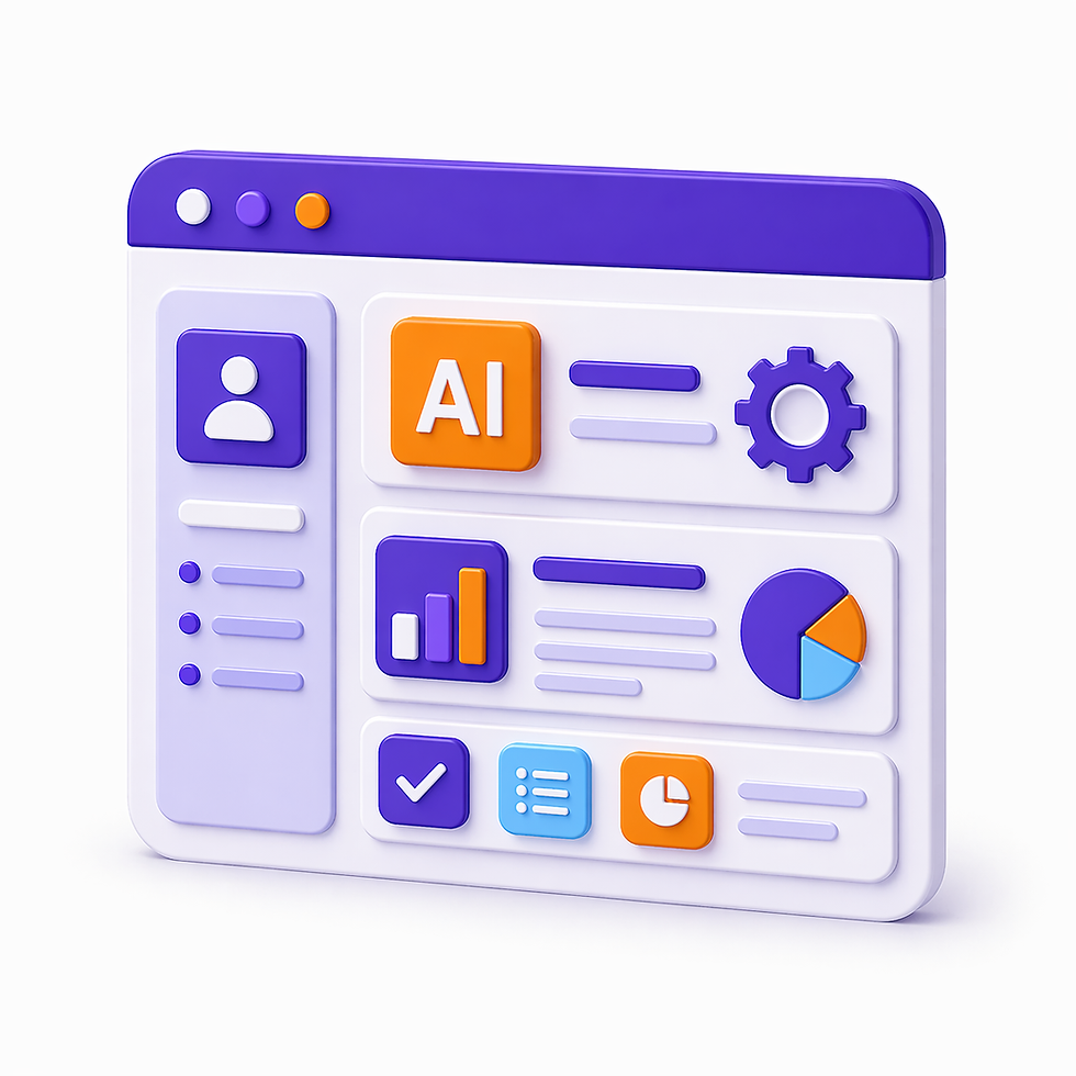 3D illustration of a digital dashboard with AI icons, graphs, and checklist on a white and purple interface, conveying tech innovation.