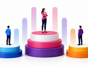 Three simplified professionals stand on separate circular platforms arranged horizontally, with a central elevated podium in layered pink, magenta, purple, and white. The central figure stands confidently at the highest level, while the two side figures face inward toward the center. Minimal vertical bars in soft brand colors sit behind the platforms, all set against a clean white background in a polished 3D infographic style.