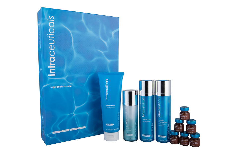 Close-up view of skincare products arranged neatly on a wooden table