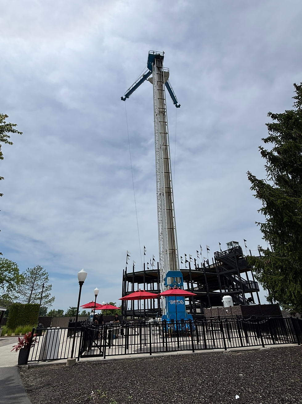 The Drop Tower only has seatbelts and has a saddle sling ride attached to it.