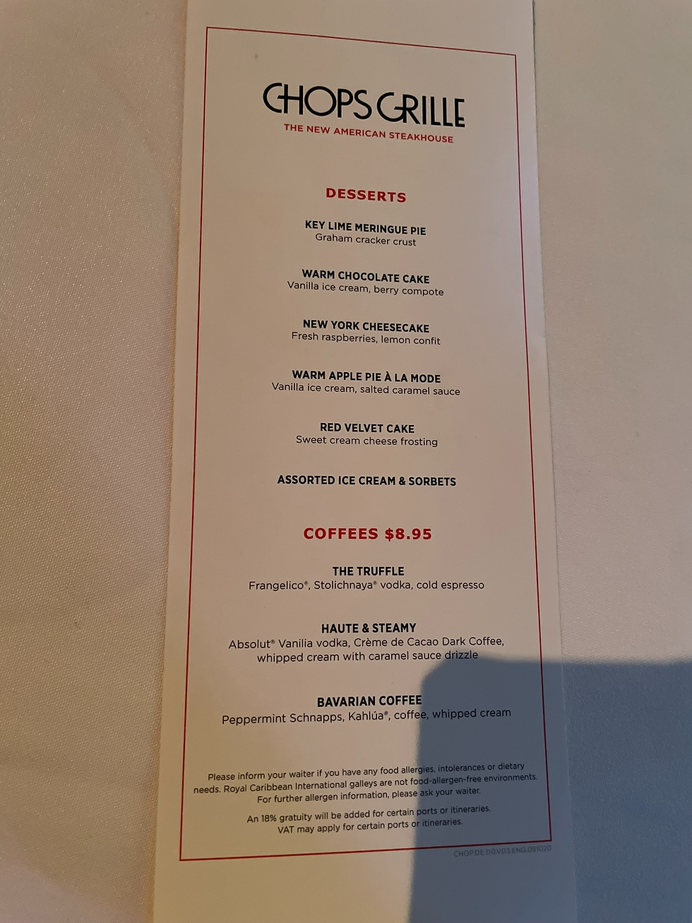 The Desert Menu at Chops Grille
