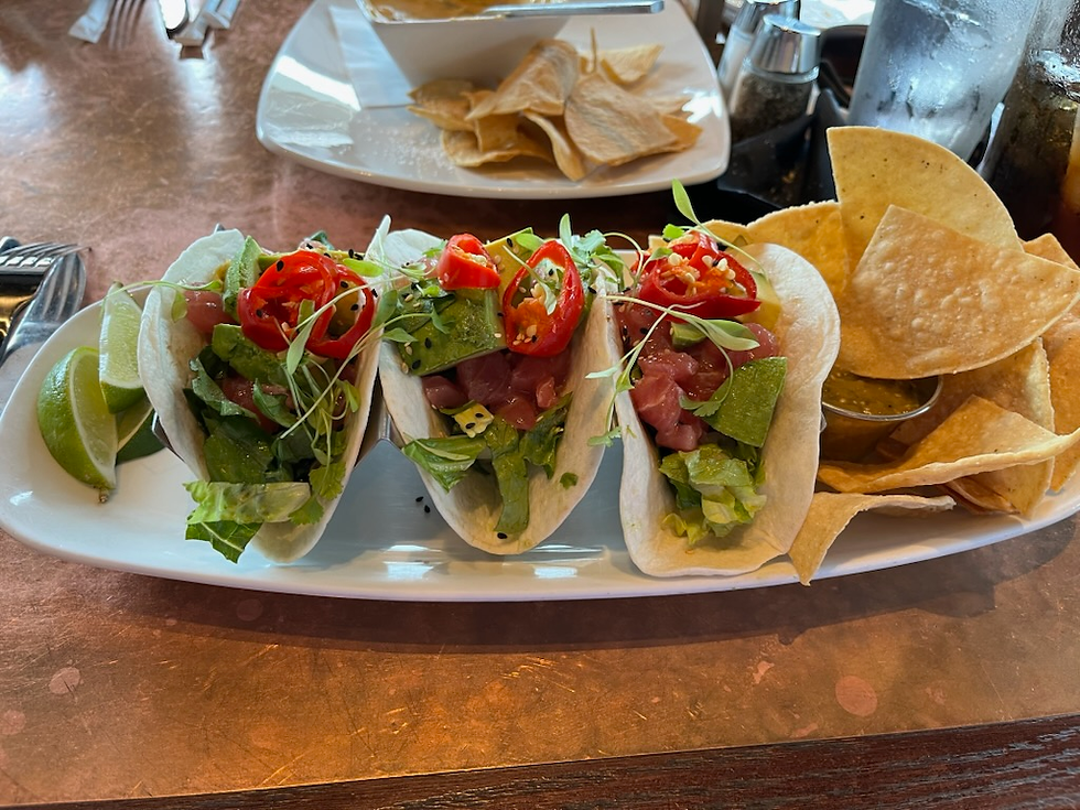 The Second Entree was the Ahi Tuna Tacos, with tortillas filled with poke-style tuna, Asian slaw, avocado, pickled Fresno chilies, sesame ginger vinaigrette, and black sesame seeds.