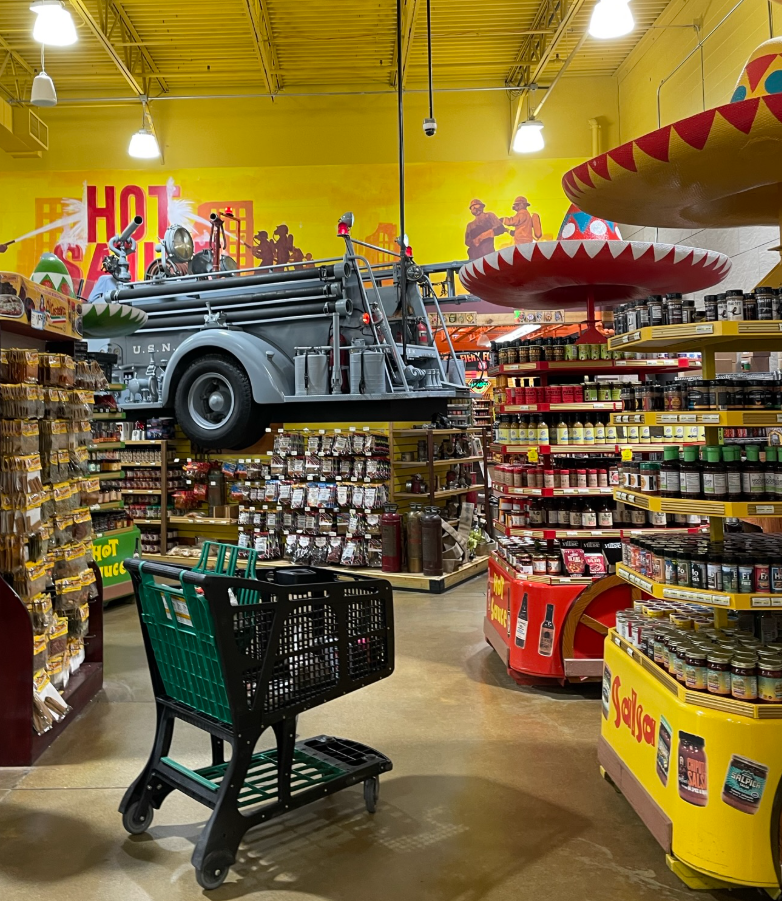 Not to mention the Hot Sauce Section has Sombrero Themed Displays and a Fire Truck over a display....