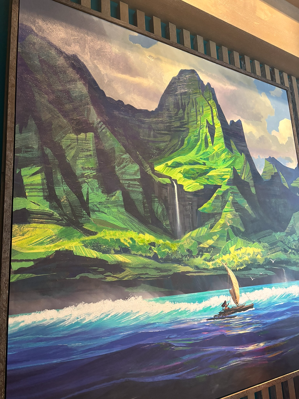 As You Wait For a Table, There Is A Painted Picture With Moana On Her Boat