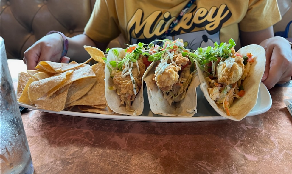 Our First Entree, The Mahi Mahi taco, featuring cornmeal beer-battered mahi-mahi, chipotle coleslaw, pico de gallo, cilantro lime cream, micro cilantro, flour tortillas, and served with tortilla chips and salsa roja.