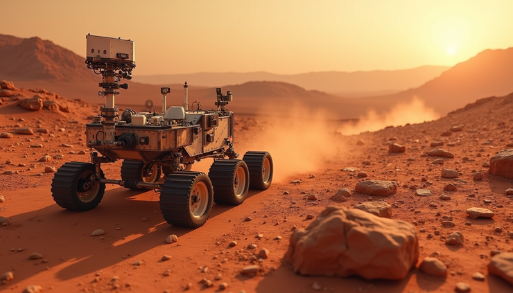 Vue en plongée d’un rover explorant la surface martienne rouge