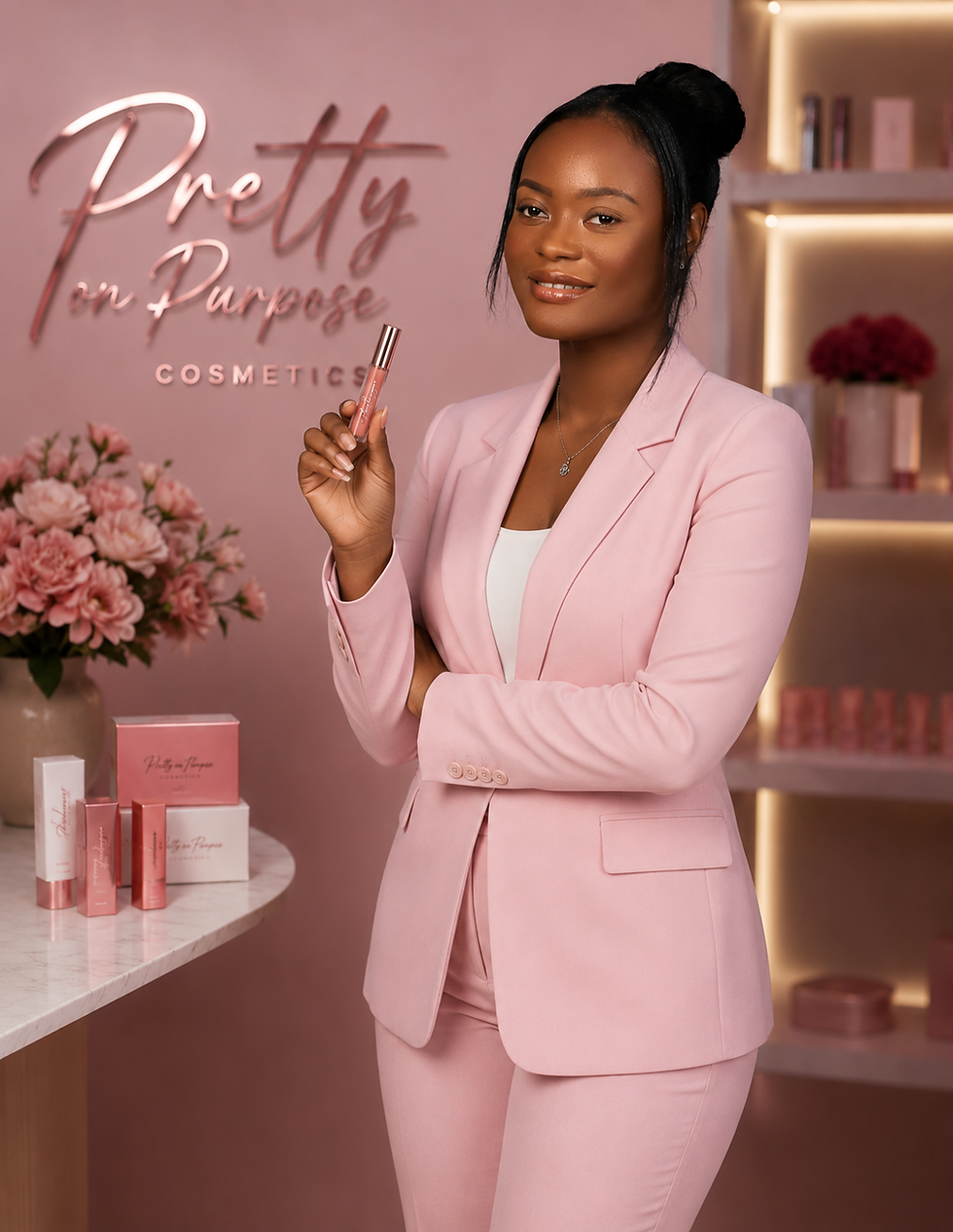 Founder of Pretty On Purpose Cosmetics holding luxury lip gloss products.