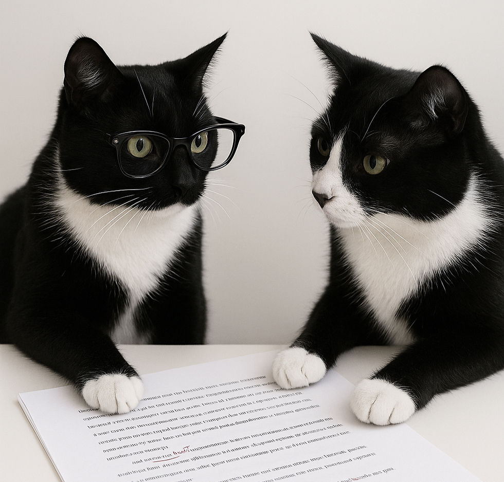 two black and white cats looking a manuscript page that's been line edited