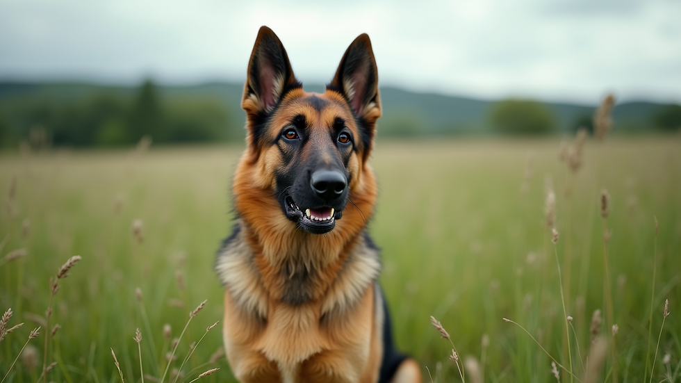 Eye-level view of a German Shepherd dog alert in a grassy field