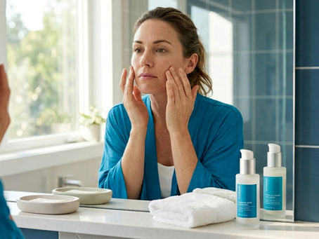 Woman checking skin type at bathroom mirror