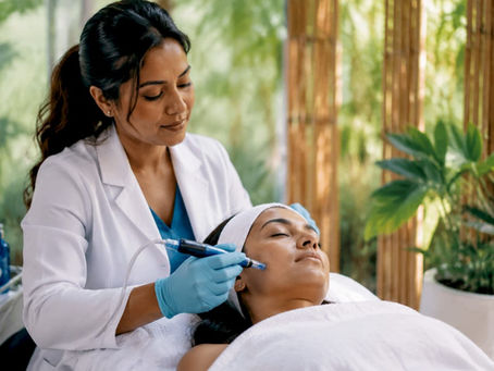 Esthetician performing microneedling on client's face