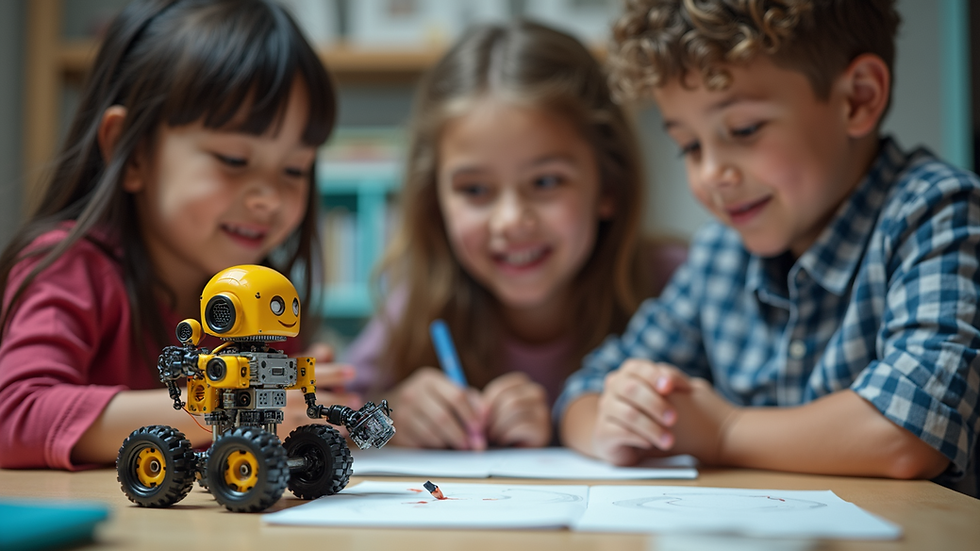 High angle view of a youth workshop with kids building simple robots