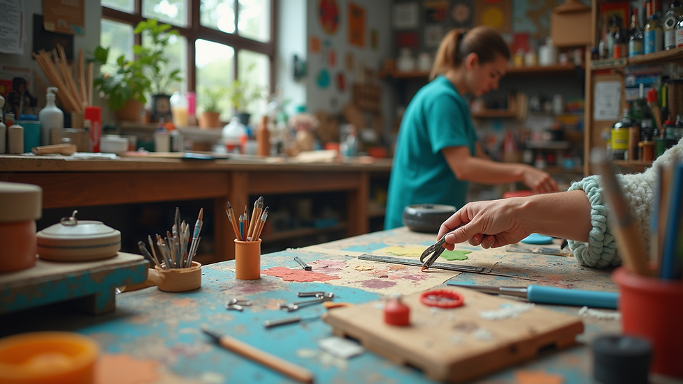 Wide angle view of a vibrant workshop filled with tools and materials