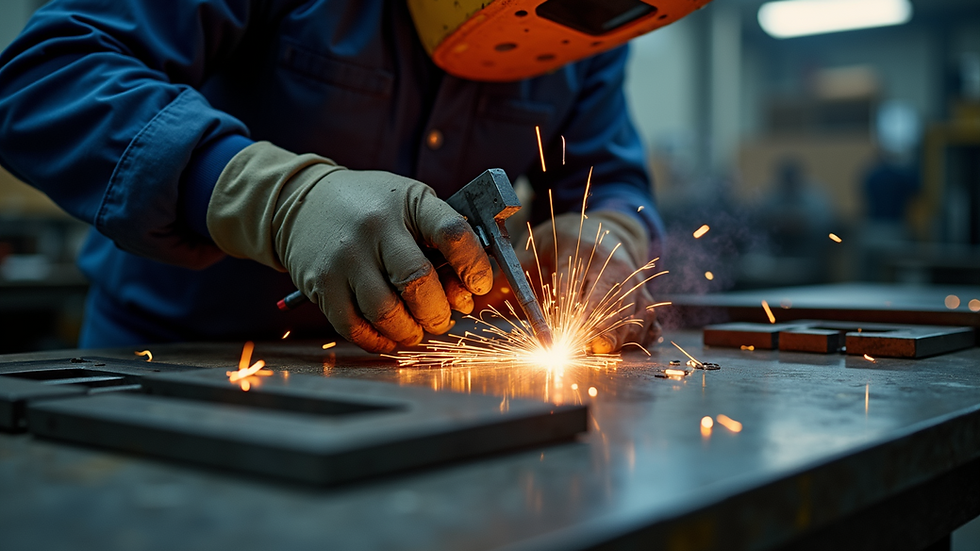 Close-up view of metal parts being welded in a workshop