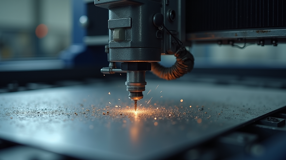 Eye-level view of a CNC machine cutting a metal sheet