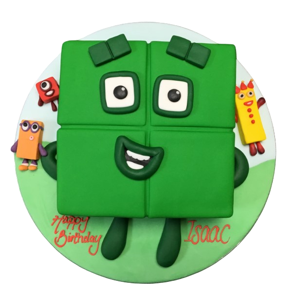 Brightly colored Number Block 4 cake for a child's birthday celebration. Vibrant and eye-catching design perfect for a birthday party theme.