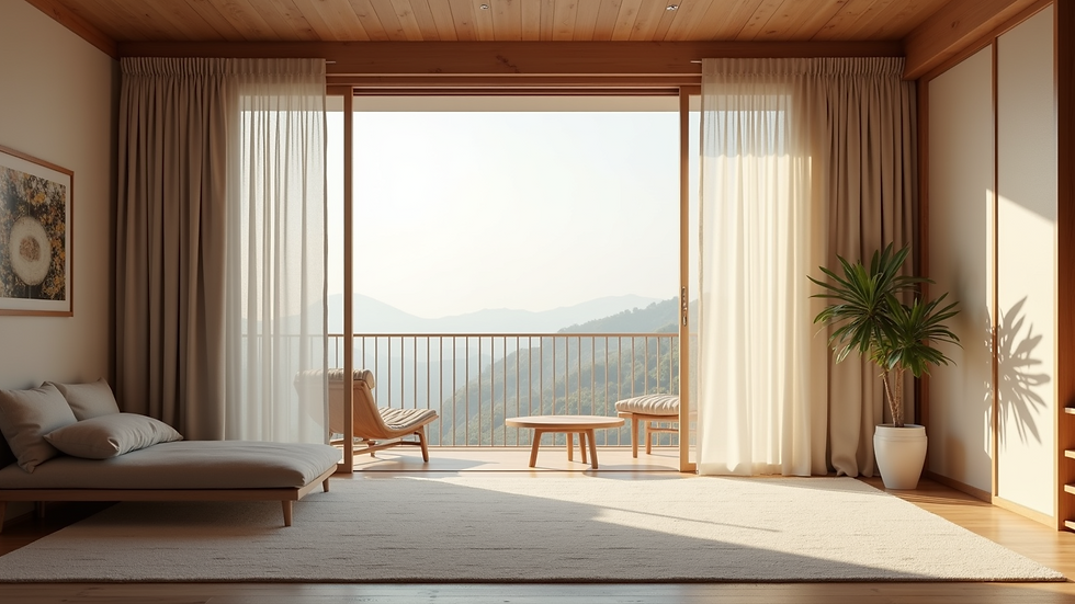 Close-up view of a Japandi-style room with neutral curtains and wooden accents