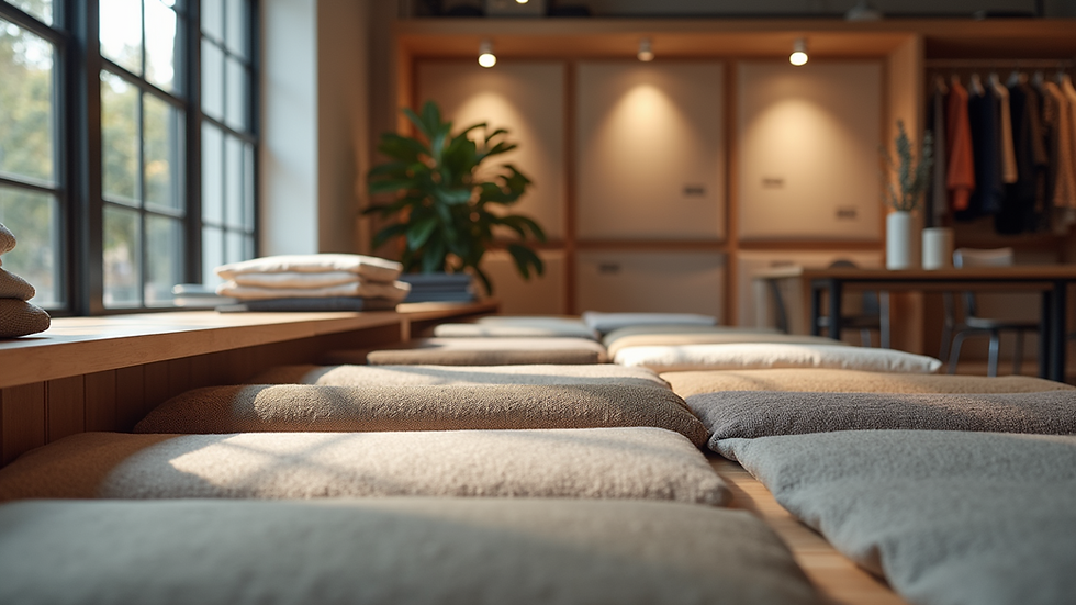Eye-level view of a showroom displaying various modern fabric samples