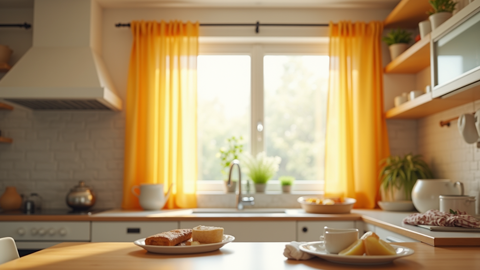 High angle view of a bright kitchen with cheerful curtains