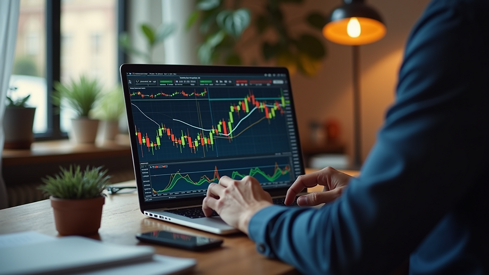 Eye-level view of a trader analyzing charts on a laptop in a cozy home office