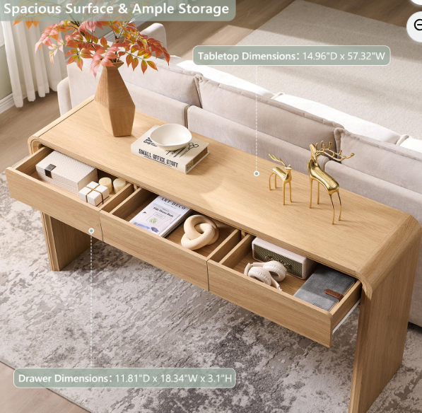 Miniatura: Ref: 2107-1 Recibidor Table with 3 Drawers, 63'' Curved Entryway Table, Natural