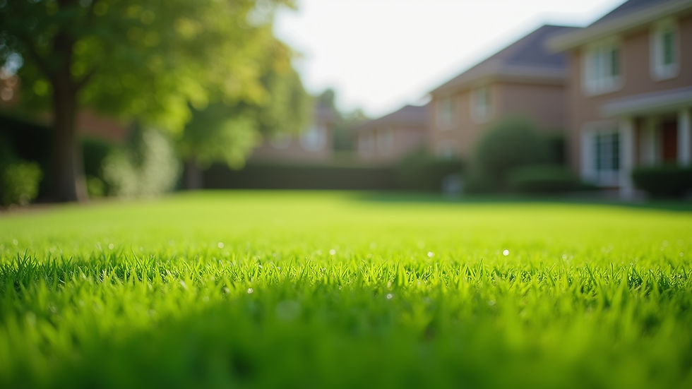 Wide angle view of a freshly mowed suburban lawn with clear edges