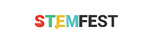 The STEMFEST logo features a red letter S with a beaker inside, a green T with three white lines resembling a circuit board, an orange E with a cog in the bottom left corner, and a blue M with dashes on the left side resembling a ruler. The word FEST appears in black capital letters
