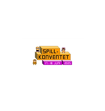 The Spillkonventet logo features two orange cuboids stacked at an angle. The top block, which is shorter, features the word Spill in a black Fitbit-style font, while the bottom block features the word Konventet. On the right is a Black man with blue hair wearing an orange shirt. On the left is a white man with ginger hair, a beard, and black glasses, wearing a black T-shirt and blue jeans. Between them is a blue rectangle with the text 17.18.Juni 2025. In the bottom left corner, there is a white figure with black hair and a slight smile.