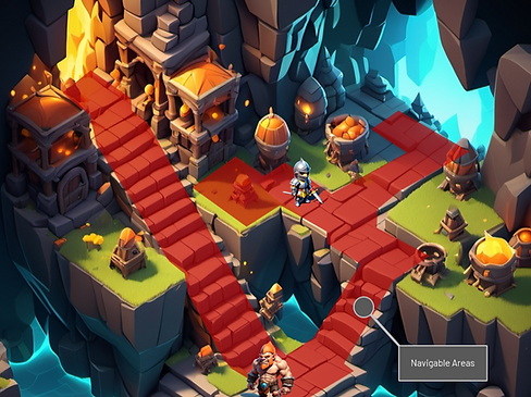 Accessibility visual demonstration alt text. A fantasy dungeon map displays red-highlighted paths marking navigable areas, guiding a player-controlled avatar dressed as a knight through a room illuminated by glowing stone structures. Above, a lava-lit chamber can be reached via staircases and bridges. An AI controlled monster non player character (NPC) blocks the lower path. The majority of these items are connected to directional sound sources, allowing players, including those who are blind or visually impaired, to navigate using audio queues.
