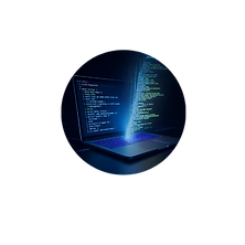 A laptop emits glowing lines of code that project into the air as a holographic display