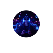 A woman wearing headphones and sunglasses holds a game controller, surrounded by vibrant waves and glowing rings on a dark background
