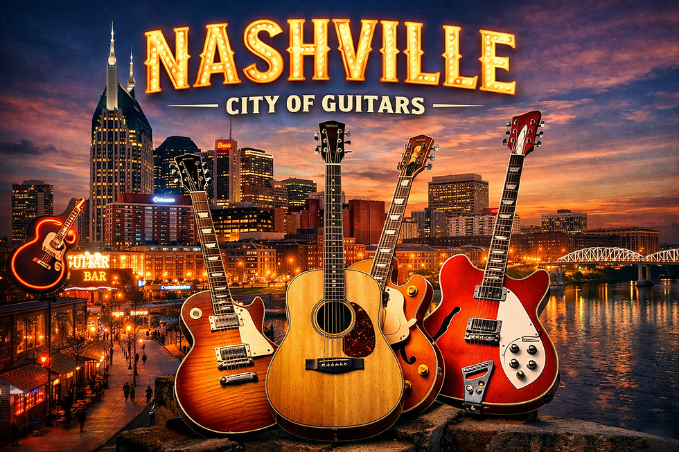 Four guitars in front of a Nashville skyline at sunset. Text reads "Nashville City of Guitars." Vibrant neon signs and city lights.