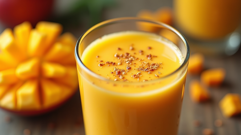 Close-up view of a vibrant Alphonso mango smoothie in a glass