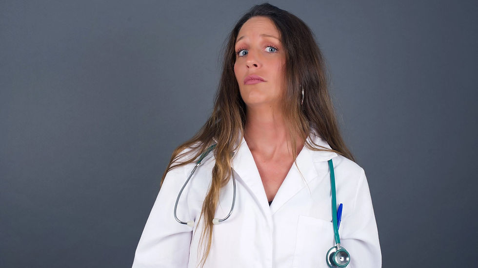 doctor with snobbish expression curving lips and raising eyebrows, looking with doubtful and sceptical expression