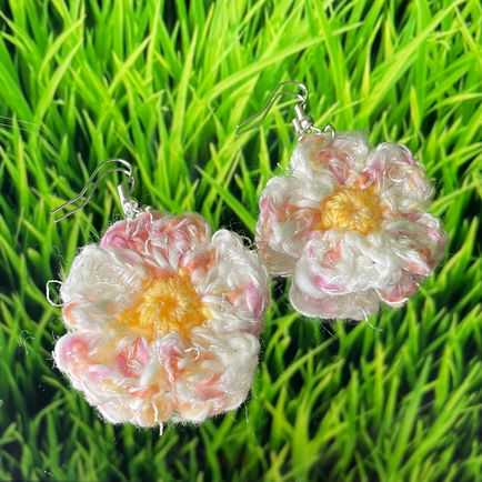 Small flower hand made crochet knit earrings pink white blue lilac made in Scotland