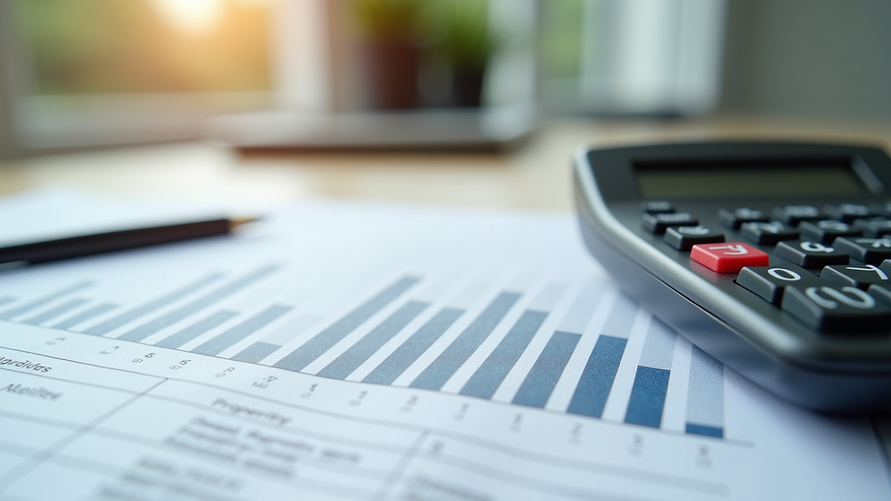 Close-up view of a calculator and property investment documents on a desk