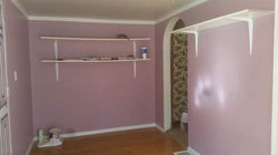 Fixed old drywall, patched wholes, fixed falling ceiling, hung shelves and trim, painted