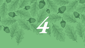 The number 4 on a light green background of acorns and leaves of an oak tree