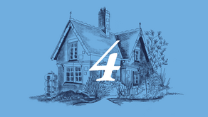 A drawing of a house on a light blue background with the number 4 in italics in front in white