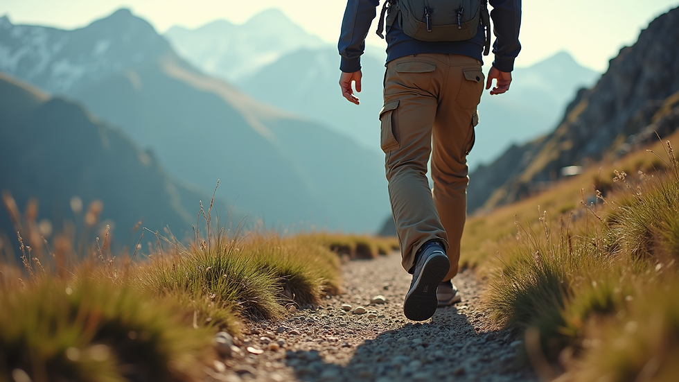 Eye-level view of man wearing trekking pants on a mountain trail