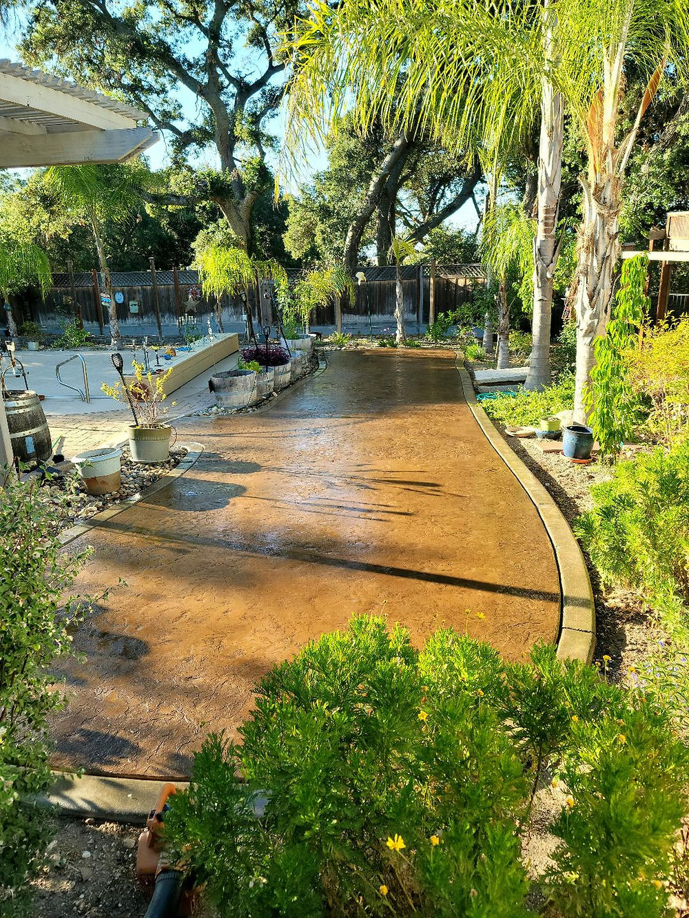 Curved concrete patio bordered by green landscaping